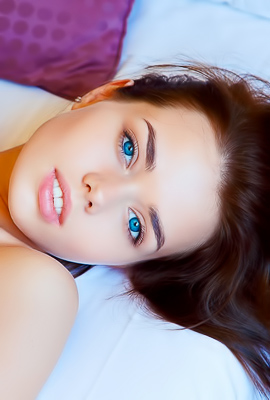 Keira Bs Tattooed Skin Glowing on Purple Bed, Her White Nails Digging Into the Blanket